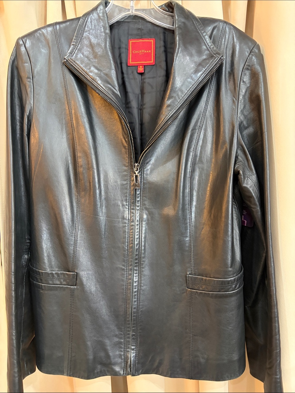 Cole Haan  Black Leather Zip-Front Jacket